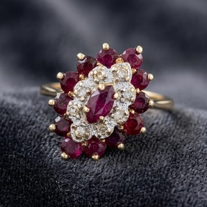 Flower Ruby Diamond Ring: Cluster 925 Sterling Silver Promise Ring Cocktail Statement Jewelry