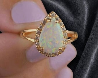 Pear Cut White Opal Ring in 925 Sterling Silver, Teardrop Opal Engagement Ring, Moissanite Halo Promise Ring, Anniversary Gift for Her