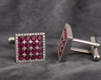 Pink Ruby Round Stones Cufflinks, Diamond Cufflinks, Gemstone Cuffs, Men's Wedding Cufflinks, Gift For Him Handmade Jewelry, 14K Gold Plated