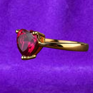 Heart Cut Red Ruby Wedding Women&#39;s Ring, Solitaire Ring, Handmade Jewelry, 925 Sterling Silver, 14K Yellow Gold Plated, Personalized Gifts