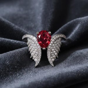 Sparkling Ruby & Diamond Butterfly Wing Ring | Sterling Silver Promise Ring | July Birthstone Engagement Ring | Handmade Jewelry