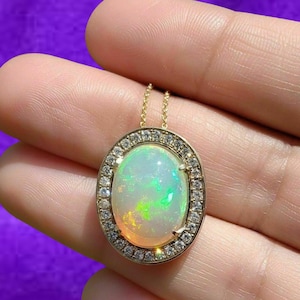 Oval Cut Fire Opal Pendant, 14k Yellow Gold Halo Diamond Pendant, Women&#39;s Perfect Gift , Handmade Dainty Pendant, Anniversary Gift For Her