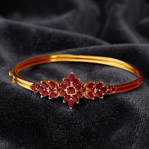 Floral Leaf Bangle with Marquise Red Ruby Gemstones - Elegant Marquise Cut Cluster Eternity Bracelet - Handmade Jewelry, Gift for Her