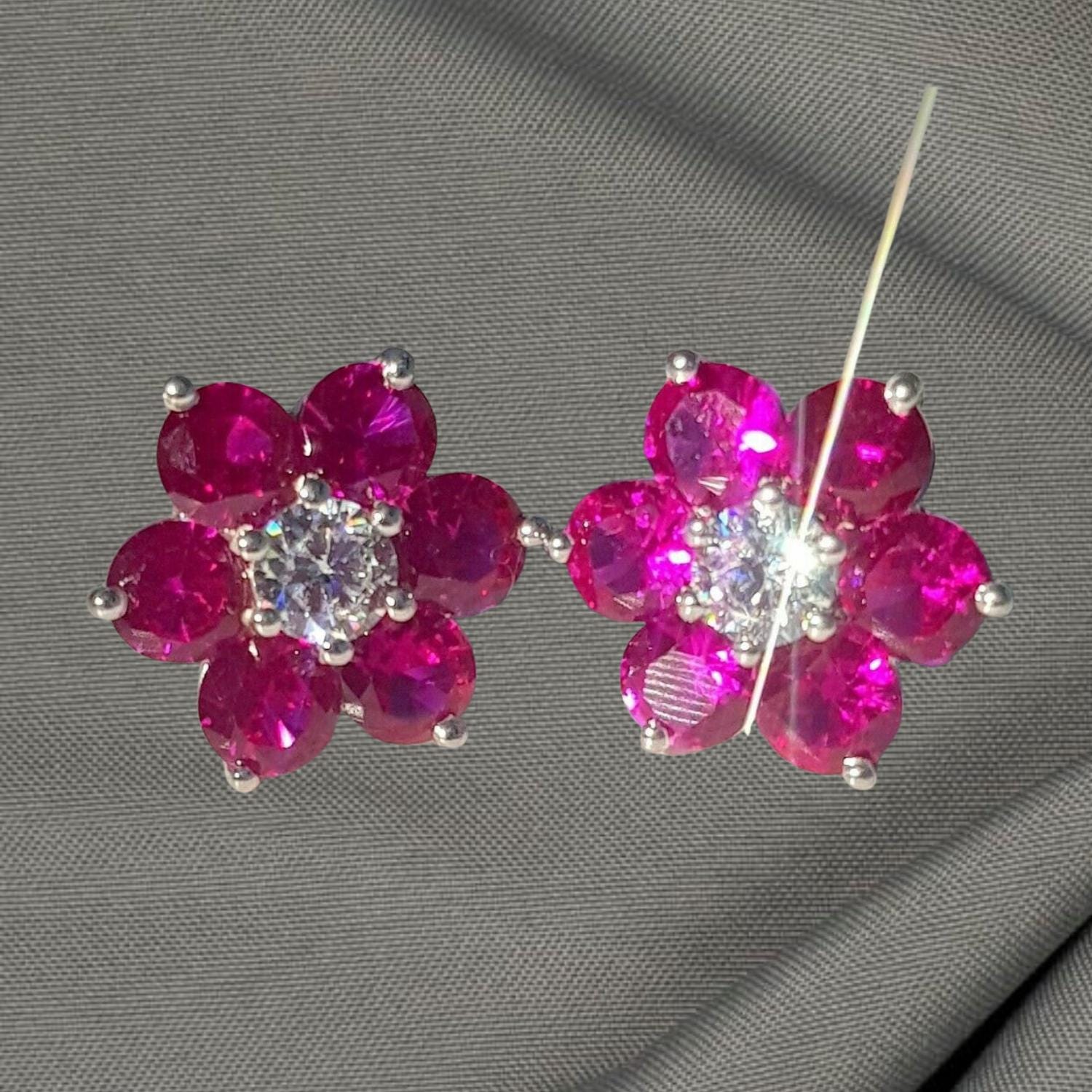 Ruby & Diamond Flower Stud Earrings, Sterling Silver July Birthstone Jewelry, Floral Cluster Earrings, Dainty Red Gemstone Gift for Her