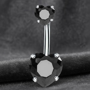 Heart Cut Black Onyx Belly Ring, 14K White Gold Diamond Dangle Belly Ring, Heart CZ Stone Pure 925 Sterling Silver Belly Button Ring.