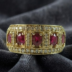 Red Ruby and White Stone Wide Band, Ornate 925 Sterling Silver Ring, Handmade Jewelry, Gift for Wife, Personalized Gifts