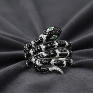 Diamond And Emerald Snake Ring, Effy Safari Inspired Serpent, Black & White Diamond Coil Ring, Unique Emerald Eye Jewelry, 14K White Gold