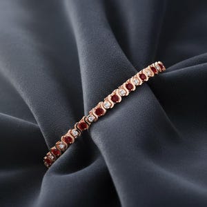 Red Ruby Tennis Bracelet in 925 Sterling Silver, Round Cut Ruby Hugs and Kisses Link Bracelet, Gift for Her, Romantic Anniversary Jewelry