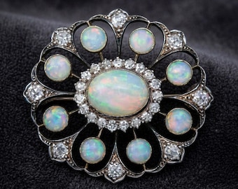Broche/prendedor floral de ópalo y diamantes - Plata de ley y detalles en oro de 14 quilates - Joyería antigua, regalo para enamorados, broche hecho a mano
