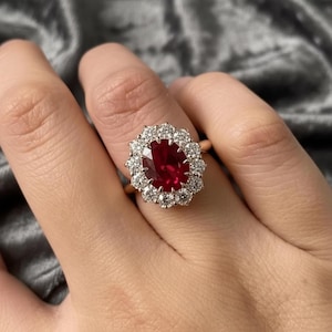 Oval Ruby and Diamond Cluster Ring, July Birthstone Engagement Ring, Floral Halo Ring, Red Gemstone Gold Ring, Gift for Her