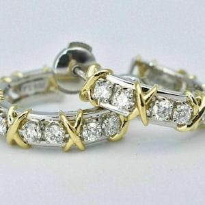 Aros de diamantes bicolor brillantes, aros de diamantes en oro y plata de 14 quilates, elegantes pendientes de diamantes, regalo de aniversario para ella.