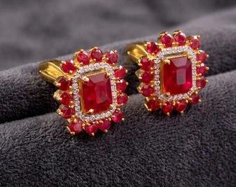 Sterling Silver Ruby & Diamond Cufflinks, Rectangle Gemstone Men's Formal Wear, Groomsmen Gift, July Birthstone