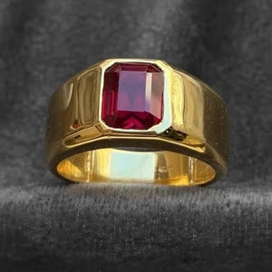 Emerald Cut Red Ruby Men’s Ring, Three Stone Gold Ring, 14K Yellow Gold Plated, July Birthstone, Statement Ring Gifts for Him, Handmade