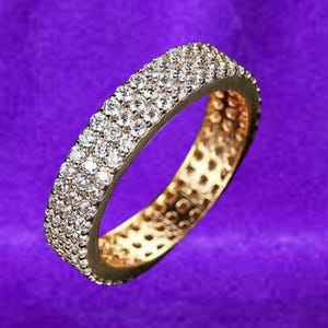 Round Cut Natural Moissanite Band Ring, 14k Yellow Gold Three Row Diamond Band Ring, Women&#39;s Wedding Ring, Gift For Her, Personalized Gifts