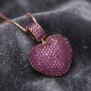 Puffy Ruby Heart Pendant | 14K Gold Plated | Pave Set Cluster Heart Necklace | Love Jewelry | July Birthstone Gift for Her