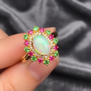 Opal Ring, Ruby Accents & Emerald Halo, Silver Ring, Handmade Jewelry, Gift for Her, 14K Yellow Gold Plated, Personalized Gifts