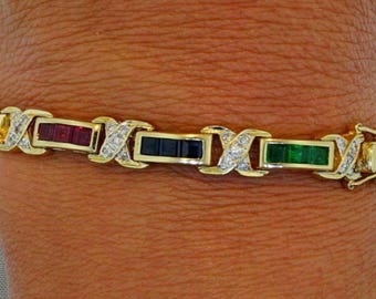 Vintage Gold Plated Multi-Gemstone & Diamond X-Link Tennis Bracelet, Ruby, Emerald, Sapphire and  Diamond Bracelet, Anniversary Gift for Her
