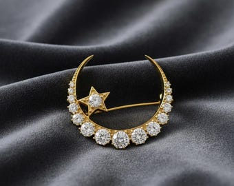 14K Yellow Gold Diamond Crescent Moon & Star Brooch Pin, Celestial Charm Brooch, Sparkling CZ Stone, Vintage-Inspired Jewelry Gift