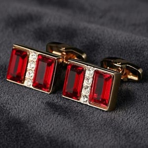 Red Ruby Rectangle Cufflinks for Men, Silver Geometric Cufflinks, Groomsmen Gift, Luxury Wedding Accessory, July Birthstone Gift