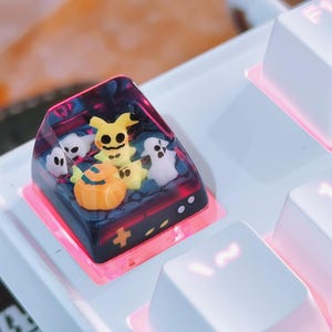 Halloween Ghost Artisan Keycap – Handmade Resin Keycap with Pumpkin & Creature | Custom Esc Key for Cherry MX | Spooky Cute Design