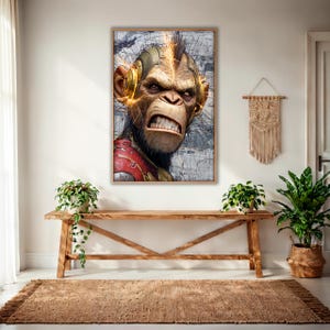May include: A framed digital art print featuring a detailed, angry monkey with a mohawk and futuristic headphones. The monkey is wearing a red and gold outfit. The background is a mix of gray and white lines. The artwork is displayed above a wooden bench.