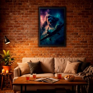 May include: A framed art print depicting a gorilla and a biplane in a dynamic, action-packed scene. The artwork features a dark color palette with vibrant blues, purples, and oranges, creating a dramatic and eye-catching visual.