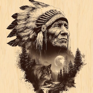 Puede incluir: Ilustración en tonos sepia que presenta a un jefe nativo americano con un tocado de plumas, un lobo y una escena de bosque con una cascada y una luna llena. La obra de arte está sobre un fondo claro de vetas de madera.