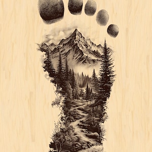 May include: A detailed illustration of a footprint with a mountain and forest scene inside. The toes are textured, and the landscape features trees, a river, and mountains, all in shades of brown and black, set against a light wood grain background.