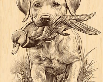 Grabado de perro de caza PNG / Retriever con pato, arte rústico / Archivo de grabado en madera de vida silvestre CNC láser / Decoración de cabaña de caza / Descarga instantánea