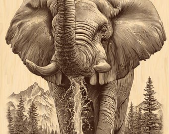 Elephant Splashing Water Engraving PNG | Powerful Wildlife Wall Art | Rustic Nature Decor | Laser-Ready Wood Engraving File