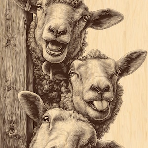 Könnte beinhalten: Sepiafarbene Illustration mit drei Schafen mit ausdrucksstarken Gesichtern. Ein Schaf blickt hinter einem Holzpfosten hervor, während die anderen davor positioniert sind. Die Schafe lächeln und strecken die Zunge heraus, was eine humorvolle Szene ergibt.