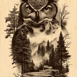 May include: A detailed illustration of an owl with a forest scene. The owl is the focal point, with intricate feather details. The background features a mountain range, trees, and flying birds, all in shades of brown and tan.