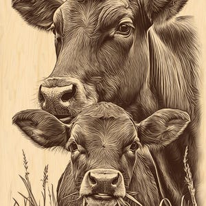 Op de afbeelding: Een sepia-getinte illustratie van een koe en een kalf. De koe staat achter het kalf, dat gras eet. Het kunstwerk is gedetailleerd, met zichtbare lijnen en texturen, tegen een lichte houtnerf achtergrond.