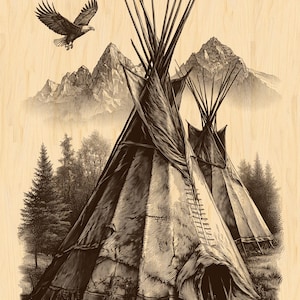 May include: Sepia-toned illustration of two Native American teepees in a forest setting, with mountains in the background and an eagle in flight. The teepees have a ladder and are surrounded by trees.