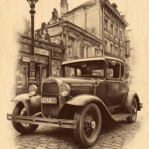 Può includere: Illustrazione in seppia di un'auto d'epoca parcheggiata su una strada acciottolata, con un lampione e degli edifici sullo sfondo. L'auto ha una targa che recita 5101-68.