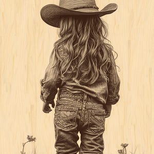 May include: A sepia-toned illustration of a person wearing a cowboy hat, denim shirt, jeans, and cowboy boots. The person is standing in tall grass, facing away from the viewer. The hat has a wide brim, and the boots have decorative stitching.