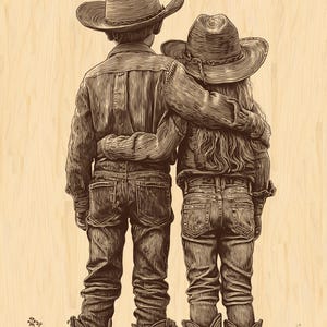 May include: A sepia-toned illustration depicts two figures in cowboy attire, viewed from the back. They wear cowboy hats, denim shirts, jeans, and cowboy boots, standing in a grassy field. The figures are embracing, suggesting a bond.
