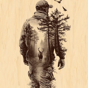 May include: Sepia-toned illustration of a person walking, with a forest scene superimposed on their form. A deer stands in the forest path. Birds fly overhead. The background is a light wood grain.