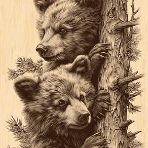 May include: Detailed sepia-toned illustration of two bears, one behind the other, next to a tree. The bears have detailed fur and are surrounded by pine needles. The artwork is on a light wood grain background.