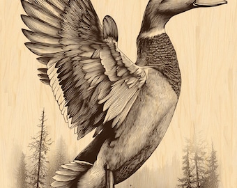 Flying Duck Engraving PNG | Waterfowl Hunting Lodge Design | Rustic Wildlife Digital File for Laser Engraving & Cabin Décor