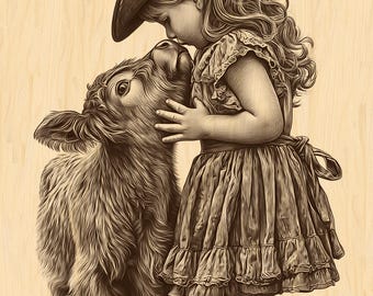 May include: A sepia-toned illustration of a young child in a cowboy hat and dress, embracing a calf. The child wears cowboy boots. The image evokes a sense of rural life and affection.