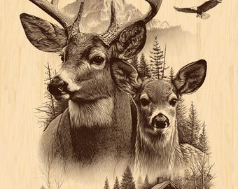 Deer Family Cabin Engraving PNG | Wilderness Scene Design | Rustic Laser & CNC Wood Engraving Digital File