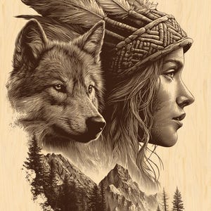 May include: A sepia-toned illustration features a woman in profile, adorned with a feathered headdress, alongside a wolf. Mountains and a river are depicted in the background, creating a nature-themed artwork.