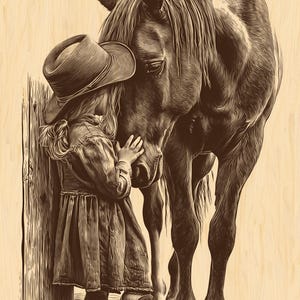 Op de afbeelding: Sepia-illustratie van een persoon in cowboyhoed en jurk, die een paard omhelst. De persoon en het paard staan naast een houten hek. De persoon draagt cowboylaarzen.