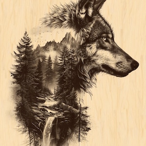 Può includere: Illustrazione in tonalità seppia del profilo di un lupo, con una dettagliata scena di foresta e montagna integrata. L'opera presenta una cascata, alberi e uccelli, su uno sfondo chiaro con venature del legno.