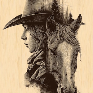Cowgirl and Pferd Doppelbelichtung PNG - Rustikale Holzgravur für Glowforge, Westernwandkunst, Bauernhausdekor, Laserfertige Clipart