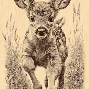 Puede incluir: Ilustración en tonos sepia de un joven ciervo saltando. La obra de arte captura al ciervo en movimiento, rodeado de hierba alta y follaje, sobre un fondo claro de vetas de madera. Destacan las grandes orejas y los expresivos ojos del ciervo.