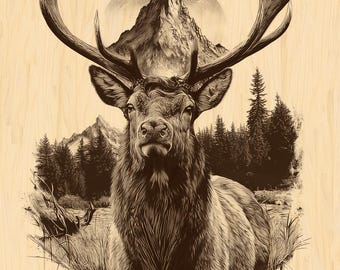 May include: A detailed sepia-toned illustration of a majestic elk with large antlers, set against a backdrop of a mountain and forest. The artwork has a vintage, woodcut style, with intricate linework and shading.
