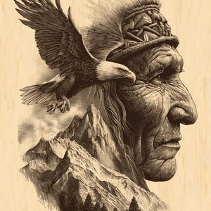 Può includere: Un'illustrazione dettagliata in tonalità seppia raffigura un profilo di nativo americano con un'aquila che vola sopra le cime delle montagne. L'opera d'arte mostra un'intricata linea di lavoro, creando un effetto strutturato. Le ali dell'aquila sono spiegate e le montagne e gli alberi sono visibili.