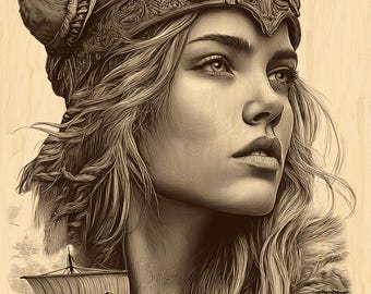 Imagen PNG de una mujer vikinga grabada / Archivo para grabado láser de una guerrera nórdica / Retrato de una reina vikinga para grabado en madera y pizarra